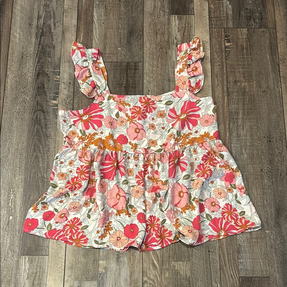 Floral Ruffle Strap Tank Top - Pink and White